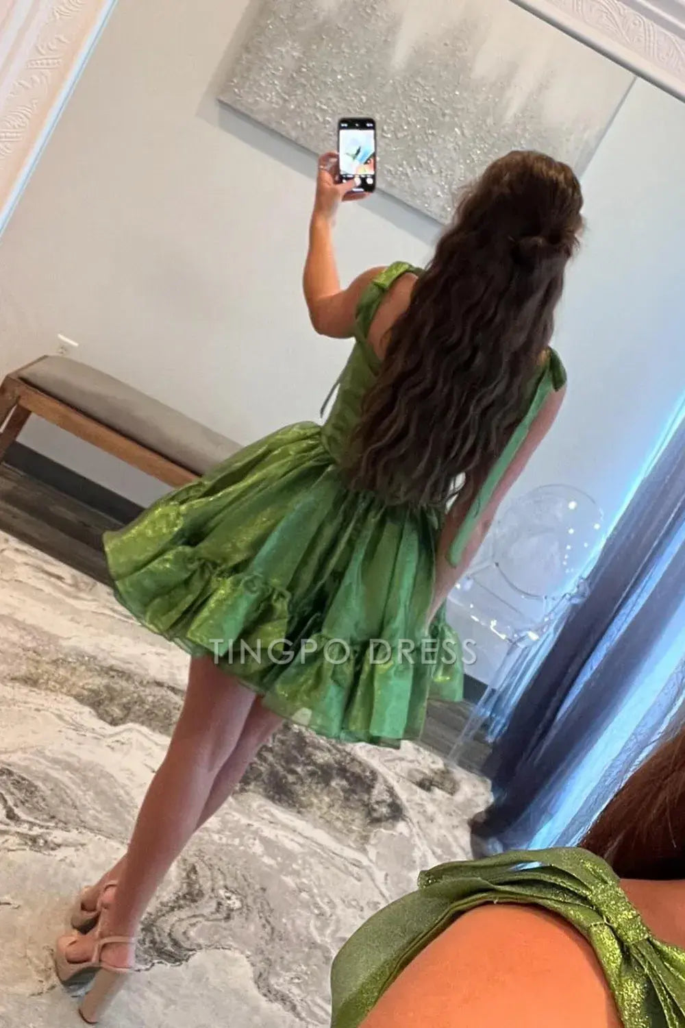 TingPo Wholesale Elegant Cute Barbie Style A-Line Tie Straps Short Organza Homecoming Dress formal wear dresses